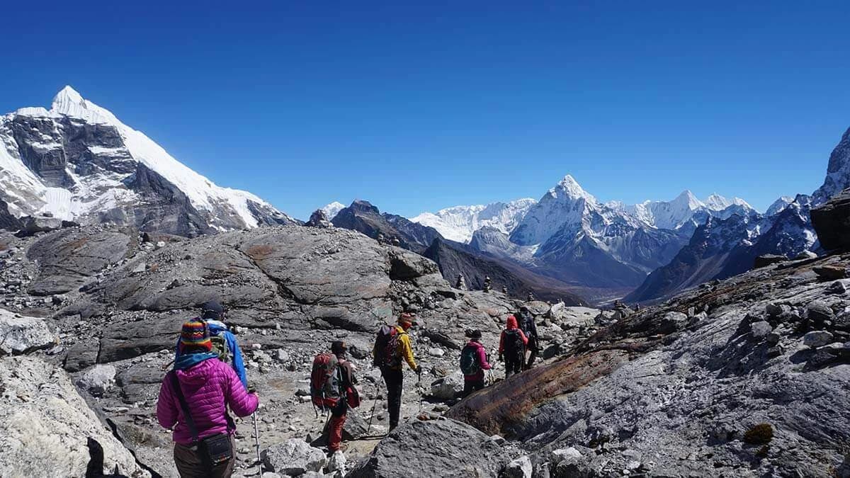 Trekkers en route to one of the Everest High Mountain Passes